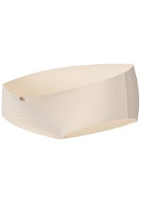 Sömlösa beige damhipsterunderkläder med slät tyg och en liten cirkulär metalllogga på vänster framsida.