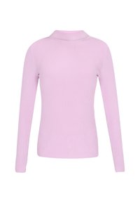 Pullover a maniche lunghe in maglia a costine rosa chiaro, con design a collo alto e silhouette aderente. Tessuto morbido senza decorazioni.