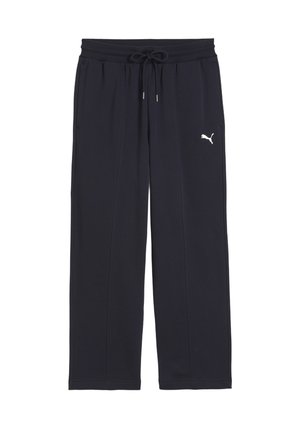 Mørkeblå sweatpants lavet af blødt materiale, med et elastisk taljebånd og snor samt et lille hvidt Puma-logo på venstre side.