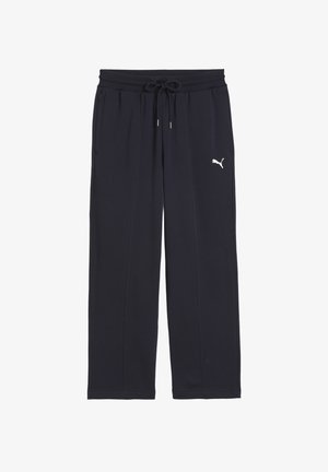 Dunkelblaue Sweatpants aus weichem Stoff, mit einem elastischen Bund und einem Kordelzug sowie einem kleinen weißen Puma-Logo auf der linken Seite.