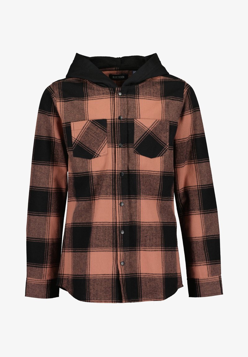 Chemise à manches longues à carreaux marron et noir avec boutons-pression sur le devant, deux poches poitrine et une capuche noire attachée.