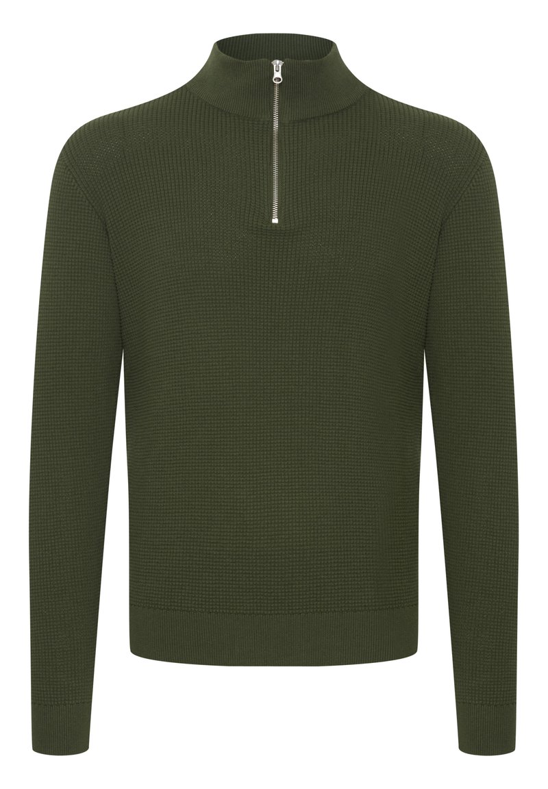 Maglione Da Caccia Troyer PERCUSSION Uomo – Verde Oliva, Toppe In Camoscio Su Gomiti E Spalle – 30% Lana 70% Acrilico, Cerniera