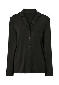 Sort skjorte med knapper lavet af blødt stof, med krave, lange ærmer, en brystlomme og et afslappet fit design.