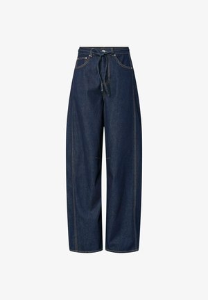 Tumed sinised laiad püksid tumedast denimist, nööriga vöökoht, kontrastne õmblus ja kaks esi-taskut. Sile tekstuur, mugav istuvus.