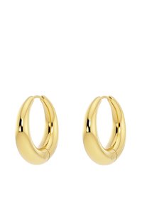 Zlate obročeve uhane z gladkim, zaobljenim oblikovanjem in rahlim ovinkom. Površina je sijajna in polirana, kar prikazuje brezšivni zapirnik.