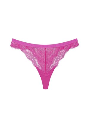 Pink lace thong underwear with a soft elastic waistband, featuring floral patterns, a thong cut, and a smooth inner lining.