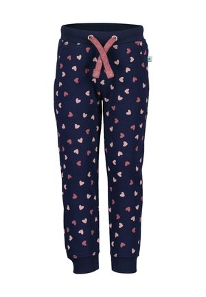 Marineblaue Kinderhose mit pinkem Herzmuster, gerippten Bündchen am Knöchel, elastischem Bund und pink glitzerndem Kordelzug.