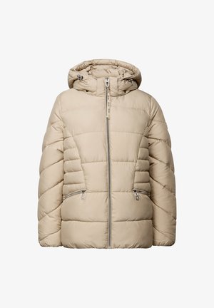 Giacca a vento color beige con cappuccio, design trapuntato, chiusura frontale con zip e due tasche laterali con zip. Tessuto liscio, materiale isolante.
