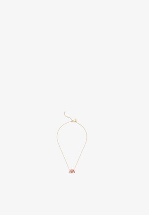 Collier en plaqué or avec une chaîne fine et un petit pendentif décoratif rouge et blanc. Design simple avec un fermoir ajustable.