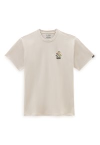 Camiseta de manga corta color crema hecha de algodón, con un gráfico floral que incluye una flor amarilla y la palabra "VANS" en negro debajo de ella.