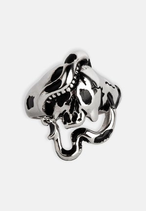 Silver ring featuring a skull entwined with a black snake. Detailed texture on the skull and smooth, polished finish on the band.