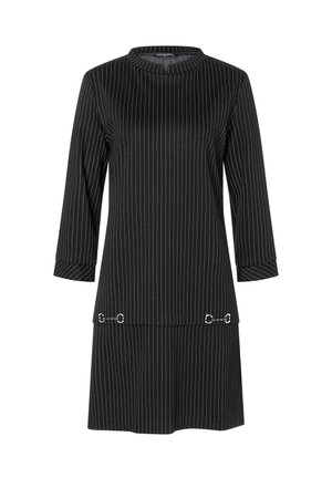 Black dress with vertical white stripes, three-quarter sleeves, a high neckline, and decorative silver hardware accents at the hem.
