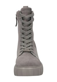 Graue Wildleder-Ankle Boots mit abgerundeter Spitze, schnürbarem Vorderteil und strukturiertem Gummisohle. Mit seitlichem Reißverschluss für ein einfaches An- und Ausziehen und minimalistischer Design.