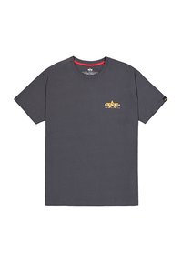 Hall灰ttiga algodón t-särk, millel on ümar kaelus, vasakul rinnal on väike kollane tähe logo ja siserinna ääres punane aktsent.