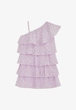 Ljubičasta višeslojna haljina sa srebrnim točkicama, jedan volan preko ramena i jedan tanak naramenica, bez rukava.