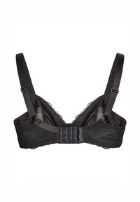 Schwarzer Spitzen-BH mit verstellbaren Trägern, gewelltem Rand und einem dreifach verstellbaren Verschluss auf der Rückseite. Strukturierte Muster im gesamten Stoff.