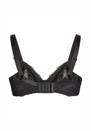 Reggiseno in pizzo nero con spalline regolabili, bordi scallopati e chiusura posteriore a tre ganci. Motivo testurizzato su tutta la stoffa.