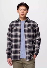 Camicia flanellata a quadri neri e grigi con due tasche sul petto e chiusure a bottone, indossata sopra una maglietta a girocollo di un blu chiaro. Materiale in cotone.