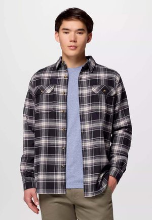 Zwart en grijs geblokte flanellen shirt met twee borstzakken en knoopsluitingen, gedragen over een lichtblauw crewneck shirt. Katoenen materiaal.