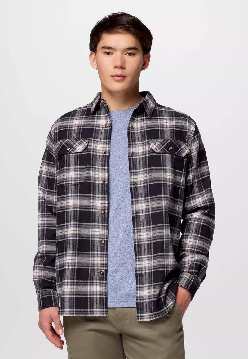 Camicia flanellata a quadri neri e grigi con due tasche sul petto e chiusure a bottone, indossata sopra una maglietta a girocollo di un blu chiaro. Materiale in cotone.