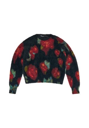 Suéter negro peludo con un gran patrón floral en rojo y verde azulado. Cuello redondo, mangas largas, largo recortado. Textura suave y ajuste relajado.