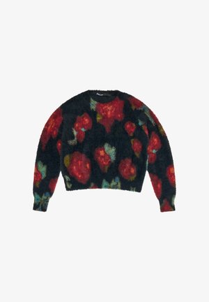 Suéter negro peludo con un gran patrón floral en rojo y verde azulado. Cuello redondo, mangas largas, largo recortado. Textura suave y ajuste relajado.