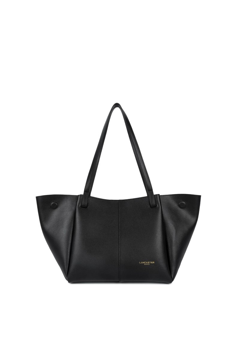 Sac cabas en cuir noir avec deux poignées, présentant une forme structurée, une surface texturée et un logo doré en bas.