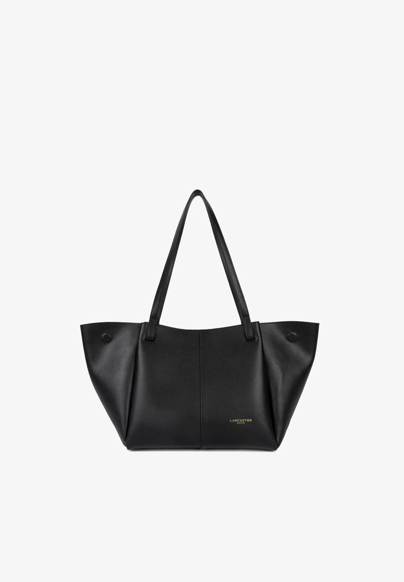 Sac cabas en cuir noir avec deux poignées, présentant une forme structurée, une surface texturée et un logo doré en bas.