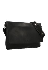 Black leather messenger bag with a flap, adjustable strap, and a textured finish. Features snap closure and embossed logo detail.