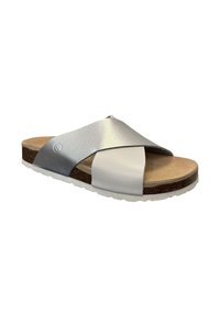 Cross-strap slide sandaal met een zilveren metallic bovenkant, witte leren accenten, een kurken voetbed en een gestructureerde witte rubberen zool.