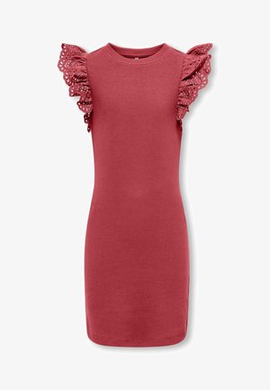 Mouwloze gebreide jurk in stoffig rozenroze met ronde halslijn en ruches met oogjeskant aan de mouwen.