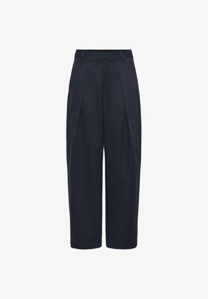 Marineblaue, kurz geschnittene Hosen aus Baumwolle mit gefaltetem Vorderteil, flachem Taillenbund und geradem Bein.