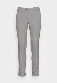 Pantaloni a scacchi grigi con una vestibilità slim, caratterizzati da chiusura a bottoni, orli arrotolati e un tessuto testurizzato con accenti blu e arancioni.