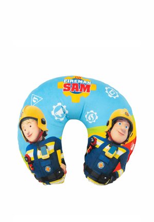 Blue travel neck pillow with Fireman Sam characters in firefighter uniforms and the Fireman Sam logo at the top.