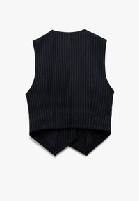 Ärmellose, cropped Weste aus dunkelblauem Stoff mit weißen Streifen. Verfügt über einen spitzen Saum hinten und maßgeschneiderte Passformdetails.