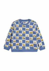 Pitkähihaisen vaatekankaan vaaleanpunaisen ja sinisen sävyisen collegeshirtin ruutukuviot sisältävät keltaisia rakennuskoneita ja liikennemerkkejä; pehmeää puuvillakangasta.