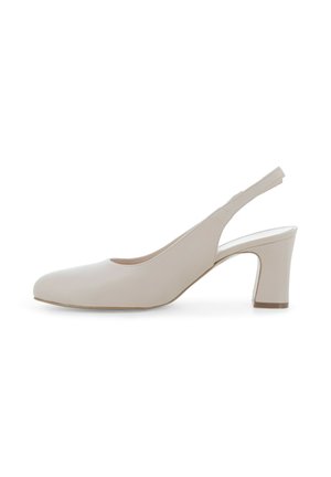 Décolleté slingback in pelle beige con punta arrotondata e tacco a blocco, mostrata di profilo su sfondo bianco.