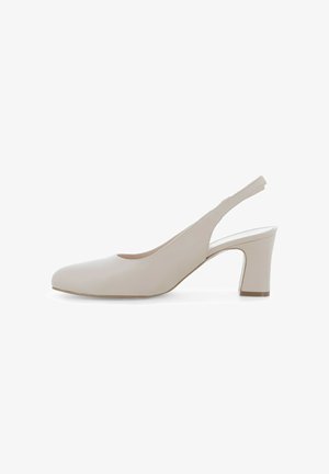 Décolleté slingback in pelle beige con punta arrotondata e tacco a blocco, mostrata di profilo su sfondo bianco.