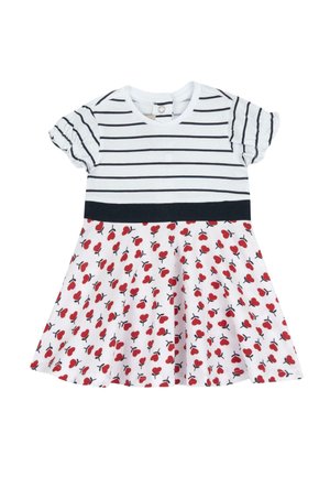 Vestido de bebé de manga corta con rayas horizontales negras en la parte superior, cinturilla negra y falda blanca con patrones de corazones rojos.