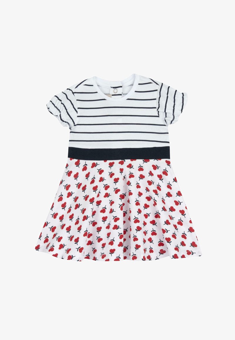 Robe bébé à manches courtes avec des rayures horizontales noires en haut, une ceinture noire et une jupe blanche avec des motifs de cœurs rouges.