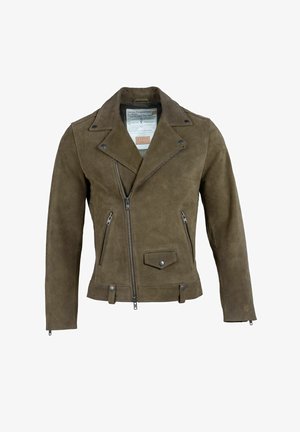 Brown suede motorcycle jacket with a notched collar, asymmetrical front zipper, and two zippered pockets. Features snap accents and textured fabric.