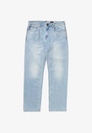 Lichtblauwe jeans met rechte pijpen, voorzakken en een muntzakje, knoopsluiting en subtiele vervaagde details op de dijen.