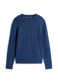 Marineblauer Strickpullover mit rundem Ausschnitt, gerippten Bündchen und Saum. Strukturierter Stoff mit gesprenkeltem Muster und kleinem Logo auf der Brust.