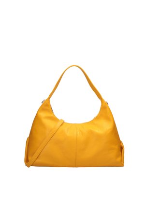 Borsa a tracolla in pelle gialla con manico arrotondato e una sottile tracolla regolabile aggiuntiva, esposta su sfondo bianco.