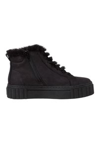 Bottines noires avec une surface texturée, garniture en fourrure, fermeture éclair latérale et devant lacé ; elle dispose d'une semelle épaisse et rainurée pour plus de hauteur.