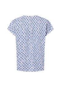 Short-sleeve top in lightweight fabric with a blue and white floral pattern. Features a relaxed fit and a back keyhole detail.