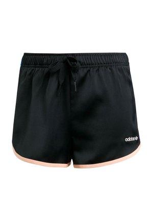 Zwarte sportieve shorts met een trekkoord in de taille, voorzien van een lichtroze rand aan de zoom en een geborduurd logo aan de onderzijde links.