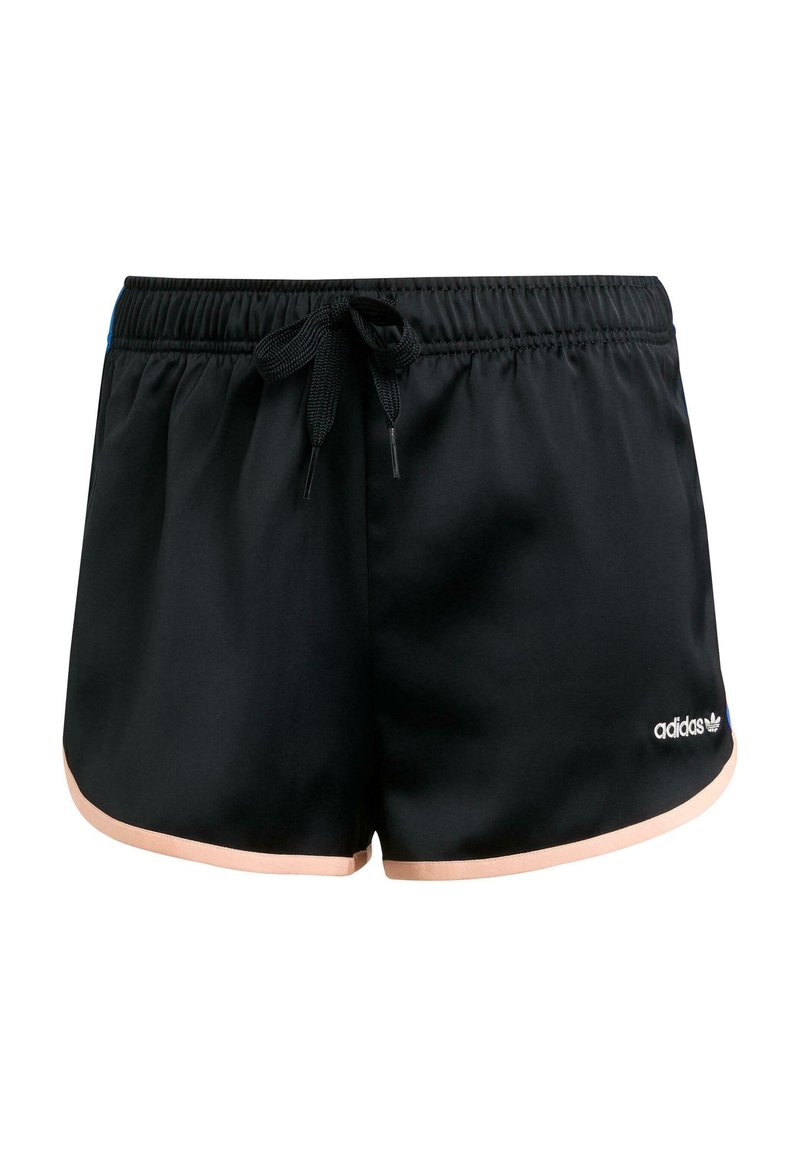 Schwarze Sportshorts mit einem Kordelzugbund, ausgestattet mit einem hellrosa Saum und einem gestickten Logo auf der linken unteren Seite.