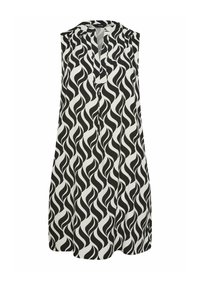 Hihaton tunika, jossa on V-muotoinen kaula-aukko ja musta-valkoinen aaltoileva kuvio. Valmistettu kevyestä kankaasta, siinä on löysä ja rento istuvuus.