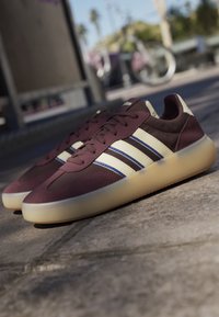 Paire de baskets Adidas bordeaux avec des rayures crème et des semelles translucides placées sur un trottoir en béton à l'extérieur.